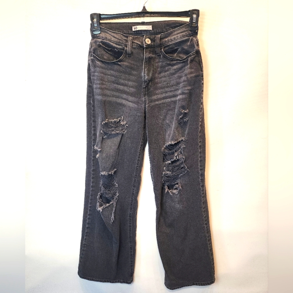 SO Black Wide Leg Women's Jeans Distressed Super‎ High Rise Jeans Size 5 / 27
